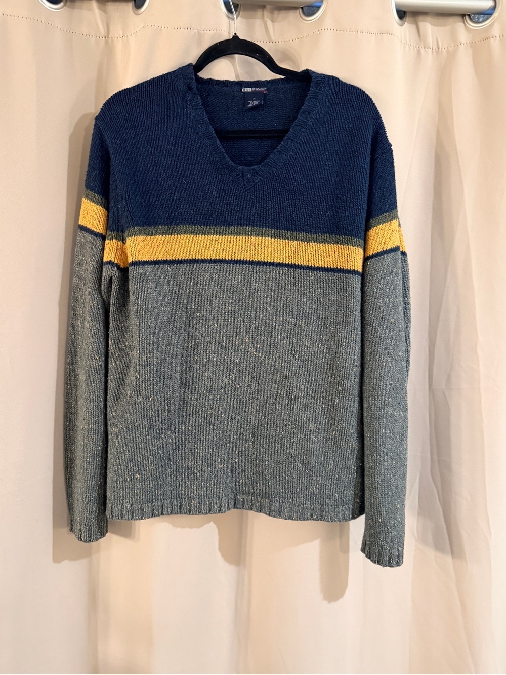 BKE Men's V-Neck Colorblock Sweater in Navy, Gray & Yellow Stripe